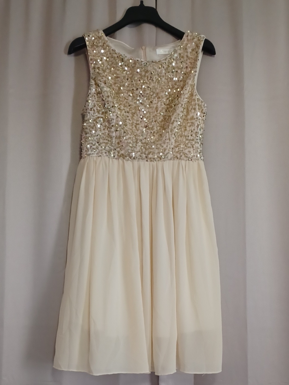Hanpciers Cream Champagne Gold Sequin Bodice Chiffon Skirt Cocktail Dress Sz M